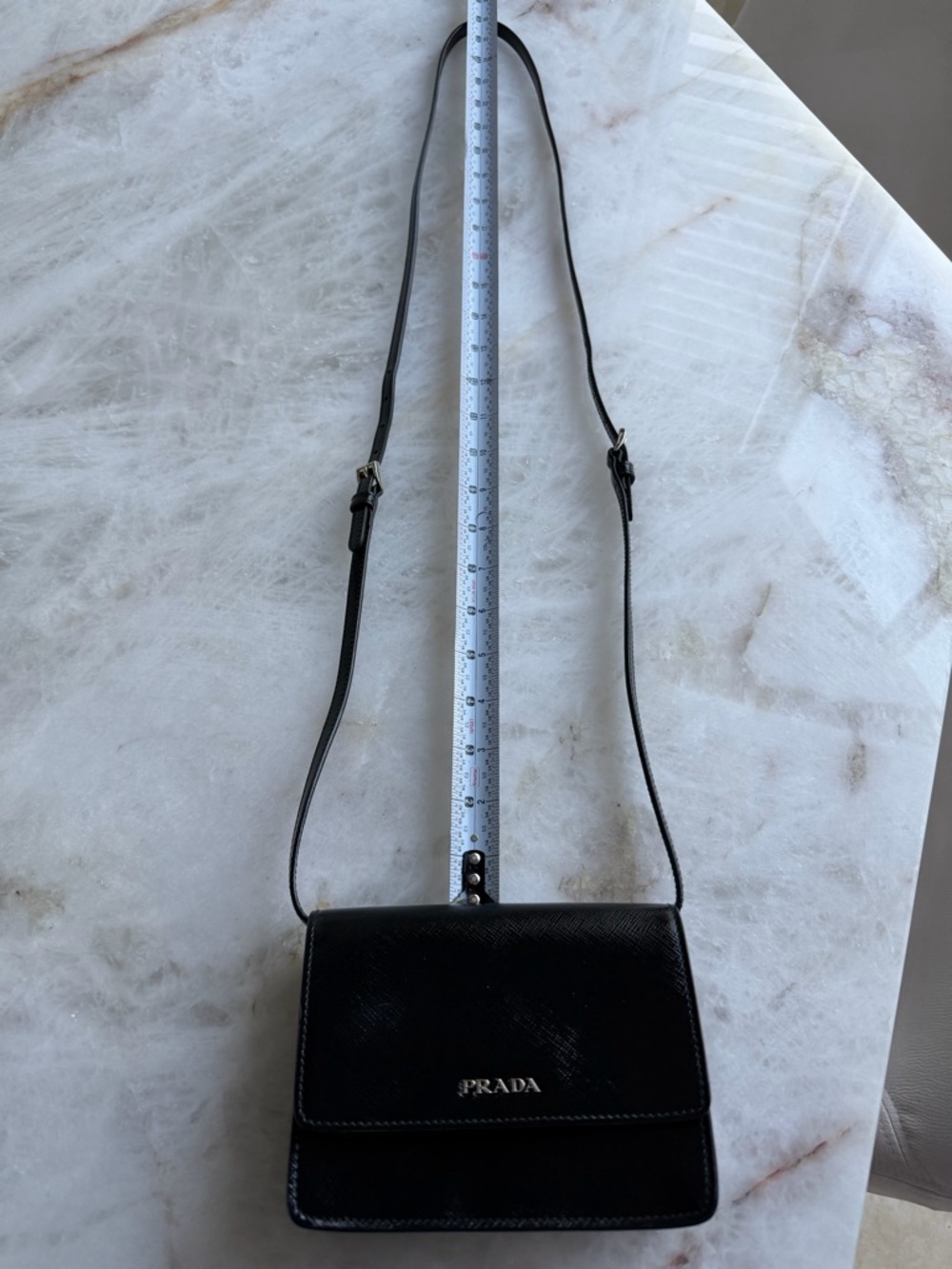 PRADA  Black Saffiano & Red Interior Leather Metal Crossbody Shoulder Bag Clutch - Picture 12 of 15